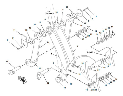 Kit embuchamento pinos e buchas para retroescavadeira Caterpillar 416D. CONCHA DIANTEIRA - PINOS E BUCHAS.
